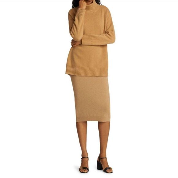 NWT SAKS FIFTH AVENUE Cashmere Skirt M Pencil Midi Pull On Camel Sweater Knit - Picture 5 of 6